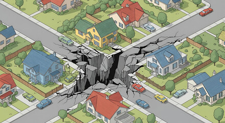 Obraz premium A massive chasm opens up at the intersection of a suburban neighborhood, causing chaos and disruption to daily life