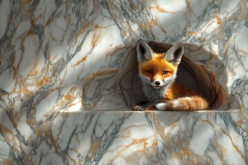 Naklejka premium Cute Red Fox Resting in Gold and White Marble Niche
