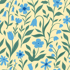 Seamless pattern with blue flowers of various shapes. Vector graphics.