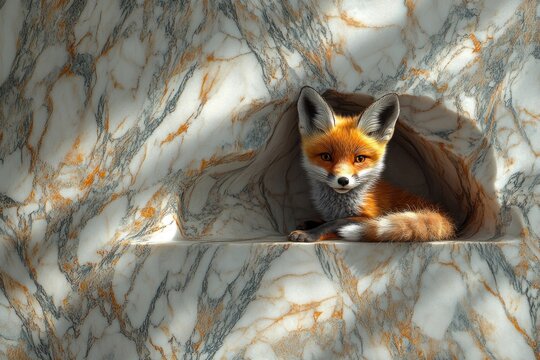 Cute Red Fox Resting in Gold and White Marble Niche - Powered by Adobe