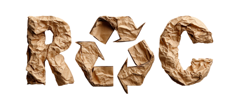 Recycle Symbol: The word 'REC' is artistically sculpted from crumpled paper, with a recycled arrow in between, it showcases a commitment to environmental stewardship and sustainability.