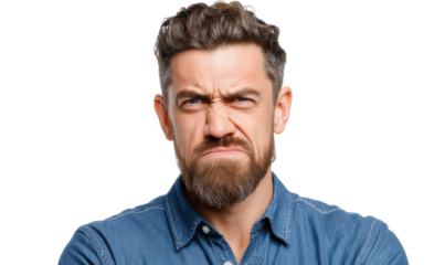 Frustration Portrait: A close-up shot of a man expressing deep frustration and displeasure with a furrowed brow and tightened lips. His body language conveys a sense of intense emotion.