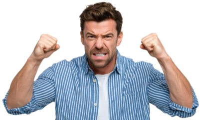 Frustrated man clenching fists in anger: a close-up shot of a man showing frustration with a blue stripe shirt. showing human emotion in angry mode