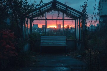 An overgrown greenhouse with a lone bench frames a breathtaking sunset over a city skyline, merging forgotten nature with urban glow.