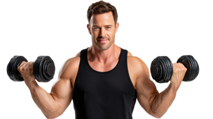 Strength and Vitality: A muscular individual, embodies health, lifting a pair of dumbbells. Capturing the spirit of fitness, demonstrating physical prowess.