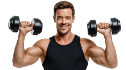 Muscular Man with Dumbbells: A fit and confident man engages in a focused weight training session, lifting a pair of dumbbells to build strength. Demonstrating fitness and health