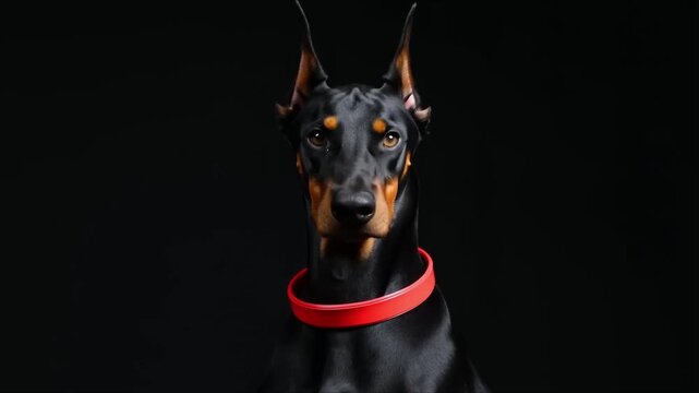 Portrait d'un doberman au collier rouge isolé sur fond sombre, il tourne la tête vers l'objectif. Format 16:9 horizontal