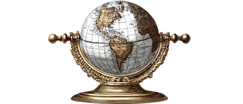 Globe's Golden Embrace: An exquisite globe, encased in an ornate golden frame, signifies global exploration, travel, and the interconnectedness of the world.