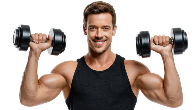 Muscular Man with Dumbbells: A fit and confident man engages in a focused weight training session, lifting a pair of dumbbells to build strength. Demonstrating fitness and health