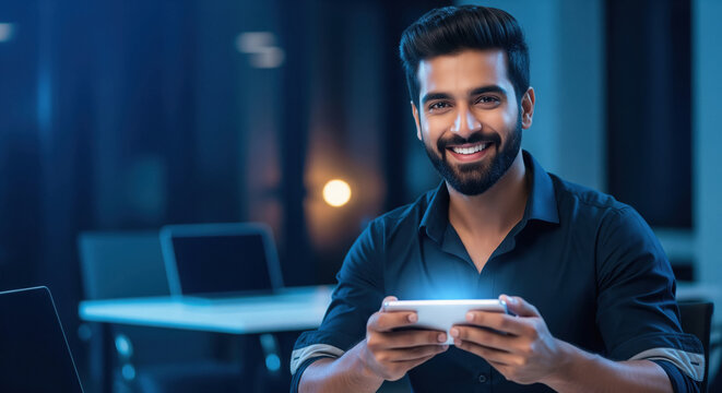 A smiling young Indian man sits in a dimly lit modern office, holding a glowing smartphone horizontally as he enjoys a mobile game.