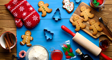 Festive gingerbread baking scene filled with colorful decorations, cozy holiday tools, and joyful Christmas spirit