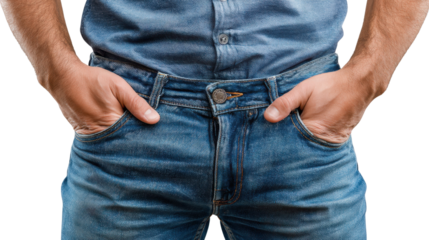 Stylish Denim and Casual Elegance: A man, hands casually tucked into the pockets of his stylish denim jeans, embodies laid-back elegance and contemporary fashion.