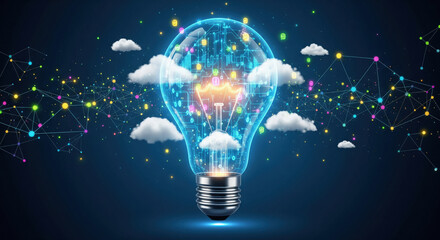 A glowing digital light bulb filled with circuitry shines at the center of a dark sky, surrounded by clouds and network connections