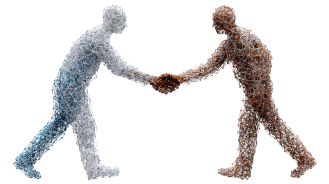 Handshake of Unity:  A symbolic representation of agreement and collaboration, showcasing a handshake between two figures crafted from distinct textures, signifying diversity and harmony. 