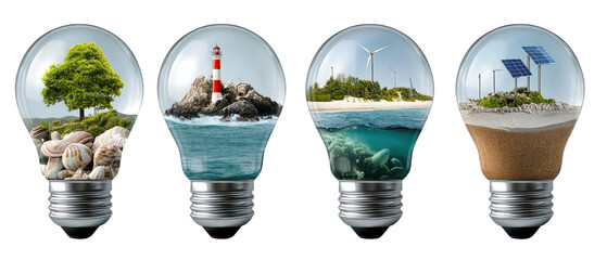 Eco-Innovation: A conceptual depiction showcases innovative ideas and solutions, featuring natural elements within light bulbs, representing sustainable practices and environmental consciousness.