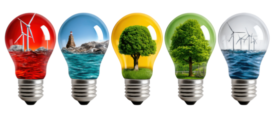 Eco-Conscious Visions: A captivating visual representation of environmental themes, with five light bulbs each showcasing a different aspect of nature and sustainable energy.