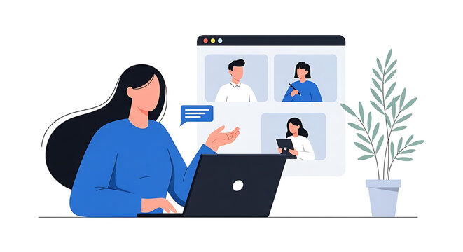 Woman having video call with colleagues on laptop isolated on white background online meeting and conference