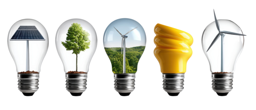 Energy transition Concept: An array of light bulbs represents the fusion of renewable energy