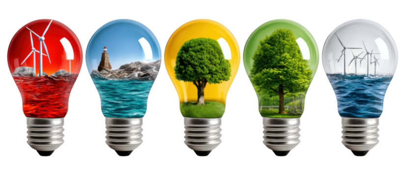Eco-Conscious Visions: A captivating visual representation of environmental themes, with five light bulbs each showcasing a different aspect of nature and sustainable energy.