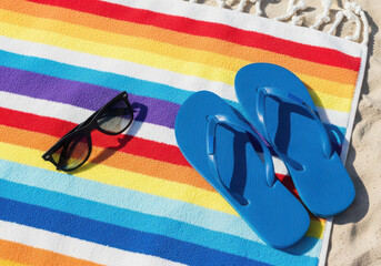 Bright rainbow beach towel with blue flip flops and sunglasses