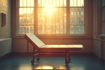 A stark, empty medical table basks in golden sunlight filtering through a large, barred window in an old room.