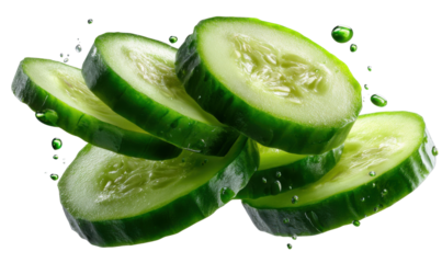 Crisp Cucumber Slices: Freshly sliced cucumbers, glistening with droplets, offer a refreshing, healthy look, the slices showcase their vibrant green color and watery texture.