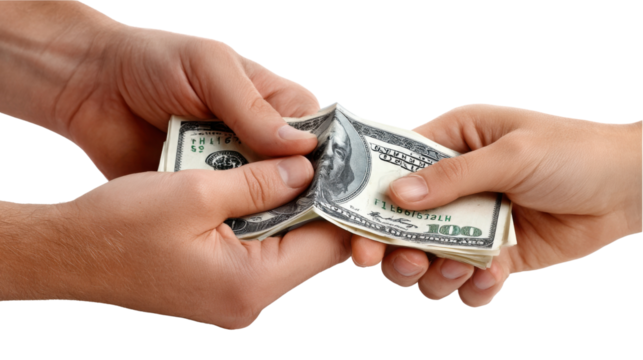 Financial Exchange: A close-up view capturing the precise moment of a monetary transaction, as one hand offers a stack of crisp banknotes to another, symbolizing an exchange of value and agreement.