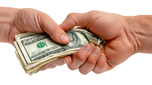 Financial Exchange: Two hands exchange a bundle of dollar bills, capturing the essence of transactions, agreements, and the flow of money.