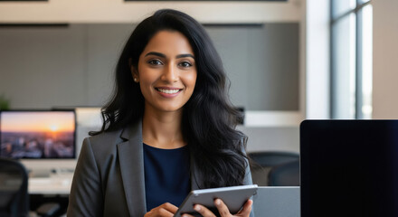 Young indian businesswoman or corporate employee using tablet