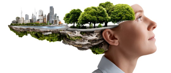 City and Nature Fusion: A woman's profile reveals a captivating blend of urban landscape and natural elements. It's a visual metaphor for the interplay between cities and the environment.