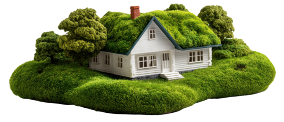 Sustainable Home Concept: An idyllic miniature house nestled in a sea of vibrant greenery, demonstrating an eco-friendly living concept and a harmonious blend of nature and architecture.