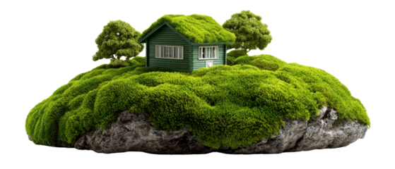 Tiny Green Haven: A miniature house, embraced by a lush, verdant landscape, sits atop a rocky mound, a symbol of sustainable living.