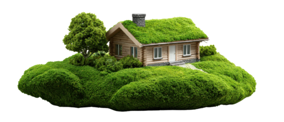 Eco-Friendly Haven: A miniature model of a quaint house with a vibrant green roof and surroundings, emphasizing sustainable living and harmony with nature.