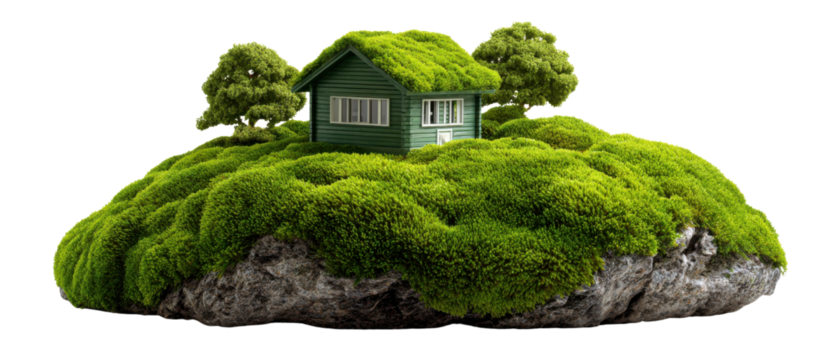 Tiny Green Haven: A miniature house, embraced by a lush, verdant landscape, sits atop a rocky mound, a symbol of sustainable living.