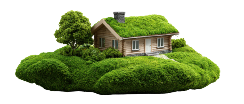 Eco-Friendly Haven: A miniature model of a quaint house with a vibrant green roof and surroundings, emphasizing sustainable living and harmony with nature.