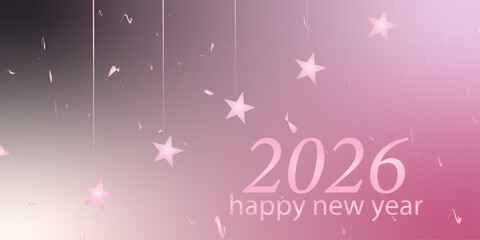 Festive 2026 New Year banner with shimmering stars, blush pink tones, soft light effects, clean typography, inspirational, classy, and peaceful celebration vibe.