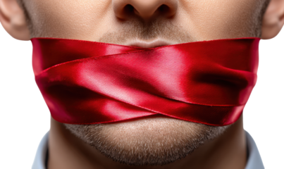 Silent Protest: A powerful visual symbol depicting a person's mouth sealed shut with a vibrant red ribbon, a potent illustration of censorship and suppression.