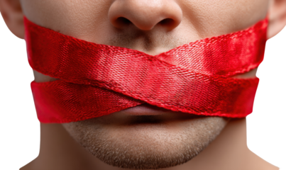 Muzzled: A striking portrayal of a man silenced, his mouth sealed with a vivid red ribbon, suggesting themes of censorship, restriction, and suppressed speech. 