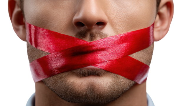 Silence: A close-up shot of a person's mouth sealed shut with red tape, conveying a powerful message about suppression and the silencing of voices.
