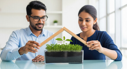 Young Indian couple in a bright modern office carefully holding wooden roof pieces over a glass planter with a growing sapling