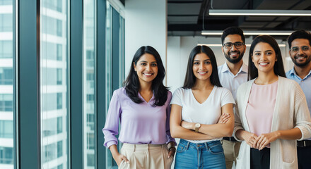 happy indian corporate employee team standing confidently