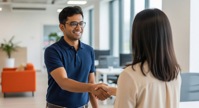 Smiling young Indian professional in a casual navy polo shirt shaking hands with a colleague in a bright modern office