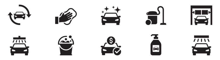 Car wash icons set. Auto car detailer icon. Washing, drying, polishing car parts. Automatic and self-service washing. Vector illustration. EPS 10