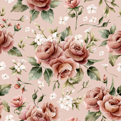 Rose flower seamless pattern on pink background Dusty pink garden Victorian Watercolor hand painted floral illustration