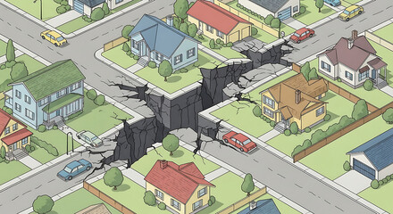Fototapeta premium A large crack splits a suburban neighborhood in two, creating a visual metaphor for division and disruption