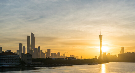 Naklejka premium Sunrise over the Guangzhou skyline, China