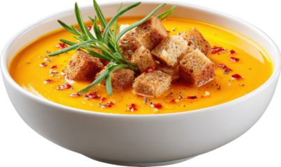Hearty Autumnal Soup: A steaming bowl of creamy soup, garnished with crispy croutons and aromatic herbs, offers a comforting embrace of flavors and textures.