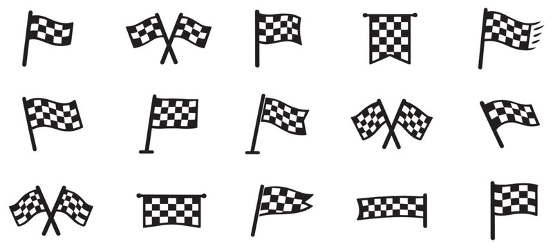 Racing Stripes Checkered Flag Vector Set. Black, White Racing Banner Vectors Speed Lines, Flags, Track Icons. Race Track, Flag Vector Set. Vector illustration