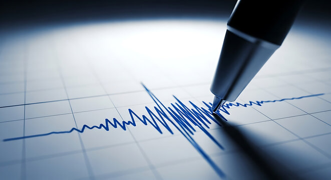 Closeup of a pen tracing a seismograph line on graph paper, illustrating earthquake activity and measurement