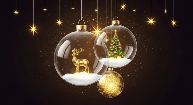 Elegant Christmas Ornaments Hanging with Gold Deer and Decorated Tree Inside Clear Glass Globes on Dark Bokeh Background